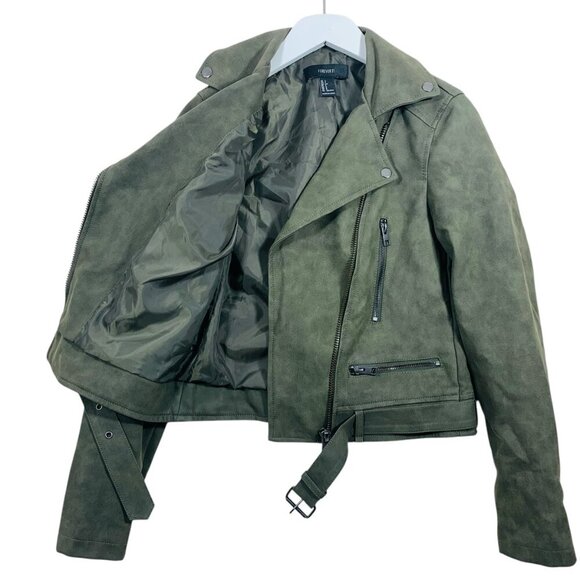 Forever 21 Distressed Faux Leather Olive Moto Jacket With Belt size small - Picture 3 of 16